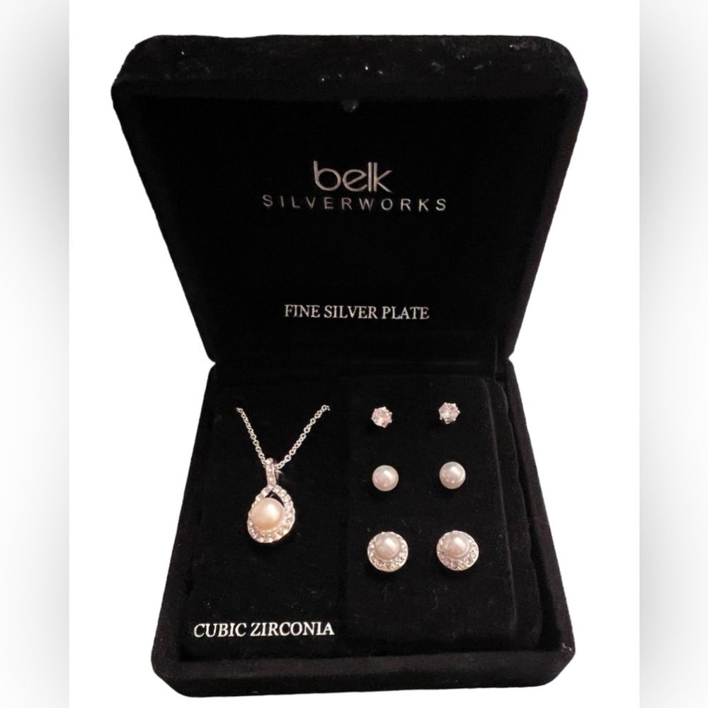 SILVERWORKS Jewelry Set Necklace, 3 Sets Of Earrings NEW IN LIGHTED GIFT BOX